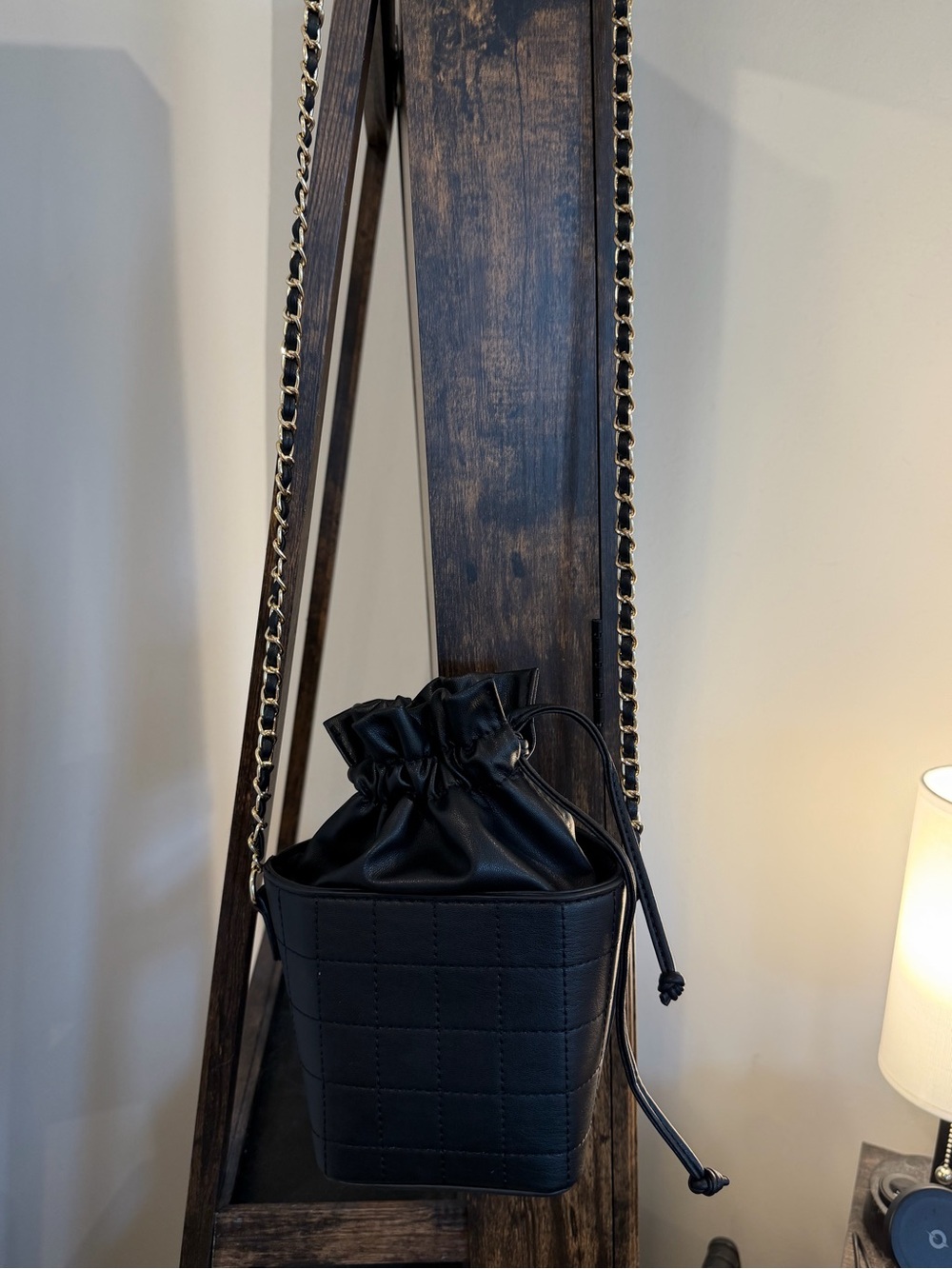 Black Quilted Drawstring Bucket Bag with Chain Strap